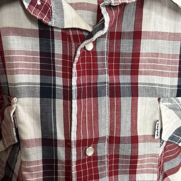 LEVI'S MODERN PLAID LONG SLEEVE SHIRT RED WHITE BLUE COWBOY PEARL SNAP FRONT XL - Picture 4 of 10